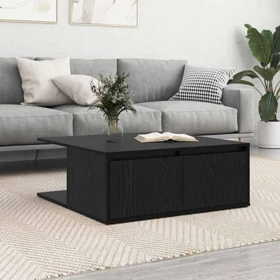 Immagine prodotto di Tavolino con cassetto e spazio contenitivo, in legno effetto noce nero, dimensioni 80x80x31 cm, multifunzionale