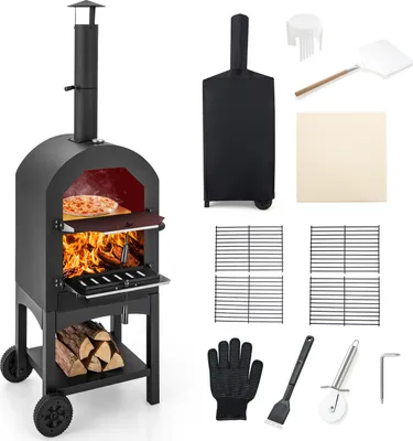 Produktbild von COSTWAY Pizza Oven Outdoor, drevený grilovací vozík s komínom, prenosná drevená grilová pec na grilovanie vonku, na záhrade, na kempovanie
