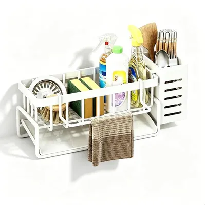 Produktbild von PolkaHome® Spüle Organizer 3-in-1 – Metall Geschirrspülbürstenhalter & Spültuchhalter für Arbeitsplatte, Weiß