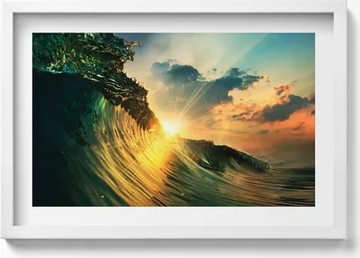 Produktbild von Welle auf dem Meer und Sonnenuntergang– Wandbild mit Rahmen – Gerahmtes Bild  – Wanddekoration – 60x40 cm –  Schwarz Rahmen