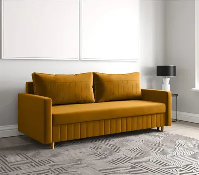Produktbild von Schlafsofa MARO, Sofa mit Schlaffunktion und Bettkasten, Klappsofa, Schlafcouch mit Füßen aus Naturholz, Veloursstoff, Couch in Frabe: Gelb