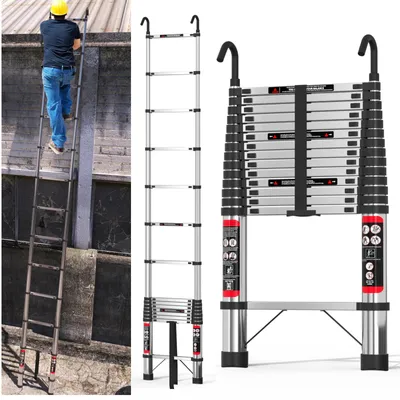 Image de Échelle télescopique - Échelle pliante - 4 mètres - Acier inoxydable - Pieds antidérapants - Capacité de charge : 150 kg - Polyvalente