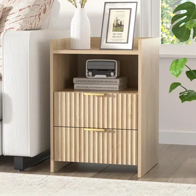 Image de Table de chevet moderne avec 2 tiroirs en bois naturel