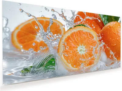 Produktbild von Glasbild 100x50cm in XXL für Wohnzimmer, Schlafzimmer Motiv Spritzige Orangen