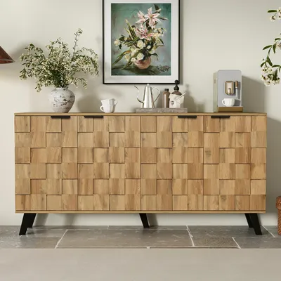 Zdjęcie produktu dla Komoda – szafka do przechowywania – nowoczesny styl – 4 przegródki – z drzwiczkami – płyta laminowana – 160,5 × 35,5 × 78 cm – wygląd przypominający drewno