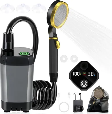 Produktbild von Campingdusche, Tragbare Dusche 7800 mAh, Wiederaufladbare Pumpe mit intelligenter Digitalanzeige mit LED-Anzeige, Camping-Duschkopfdš¹se fš¹r Camping, Campingdusche