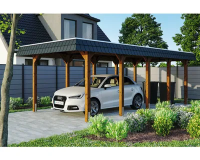 Produktbild von Einzelcarport SKAN HOLZ Spreewald schwarze Blende inkl. EPDM Folie, Pfostenanker 345 x 741 cm nussbaum