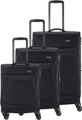 Three black trolleys of different sizes are arranged diagonally.