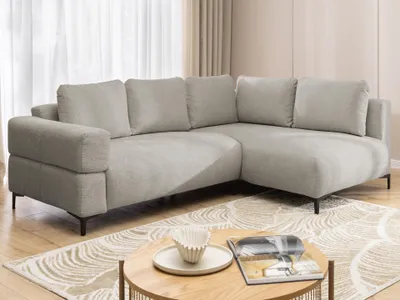 Produktbild von Cardea - Modernes Ecksofa in Bubble-Optik aus weichem Taupe Strukturstoff mit hohem Sitzkomfort, Ottomane rechts