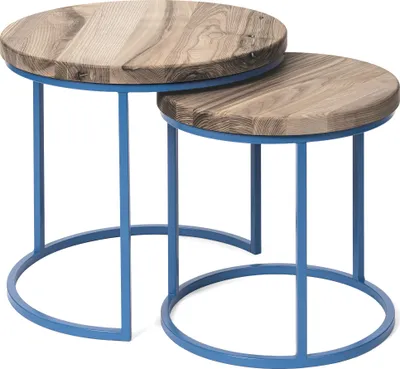 Immagine prodotto di LAMO Manufaktur Tavolini da salotto moderni sovrapponibili in legno - set di 2 pezzi - Tavolino rotondo da salotto, tavolino laterale da divano - Tavolini piccoli rotondi - Colore: noce, gambe: blu