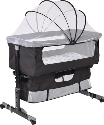 Produktbild von 3 in 1 Babybett,Kinderbett mit Rollen und Matratze,Beistellbett Stubenwagen Babybett Reisebett,4-stufig Höhenverstellbar für Babys 92x58x70-90cm