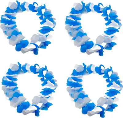 Produktbild von 4 Stück Hawaiikette Blütenkette Weiß-Blau mit 30 großen Blüten - Beach Party Karneval Fasching Motto Party Sommerfest Hochzeit Geburtstag Gartenparty