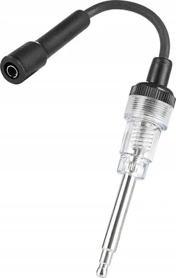 A spark plug tester with a black boot and cable attached to a clear plastic housing with a metal probe.