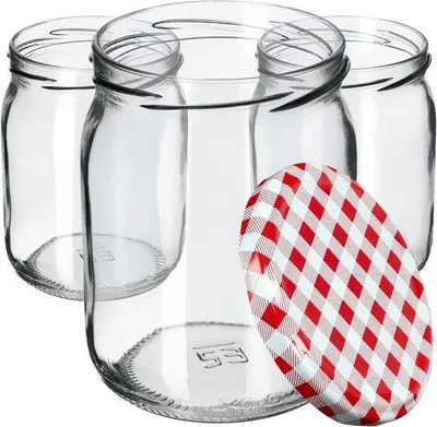 Produktbild von 8 Stück Gläserne Einmachpotten 580 ml Ø82 mm - Luftdicht für Honig, Gemüse und Obst - Schwarz geflochten Deckel