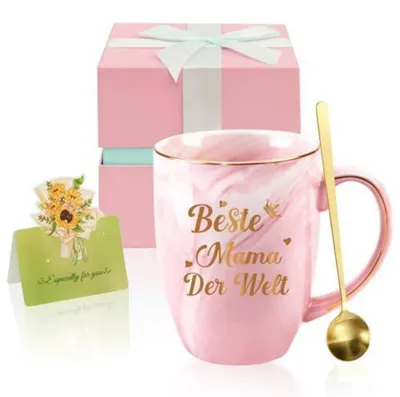 Immagine prodotto di Tazza da caffè da 500 ml, effetto marmo con decorazione dorata, completa di coperchio e cucchiaino, confezionata in una scatola regalo con biglietto di auguri