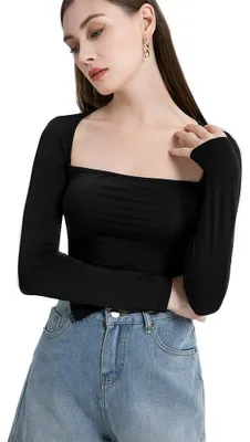 Immagine prodotto di Canotta aderente a maniche lunghe da donna, stile Y2K, con scollo rotondo e tessuto elasticizzato – comoda