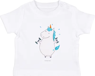 Produktbild von Mr. & Mrs. Panda Organic Baby Shirt Einhorn Fitness 0. - 6. Monat - Weiß - Geschenk, Gym, Abnehmen, Kleinkind T-Shirt, , Kurzarmshirt, Unicorn, Einhörner, Sport