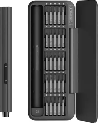 A black electric screwdriver set with multiple bits is displayed in its open case.