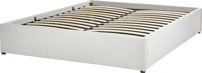 A light gray upholstered bed frame with a wooden slatted base, shown from a diagonal angle against a white background.