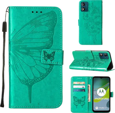 Produktbild von Lederhülle für Motorola Moto E13 Schmetterling Prägung Flip Ledertasche Kartenfächer Handyhülle mit Ständer Grün