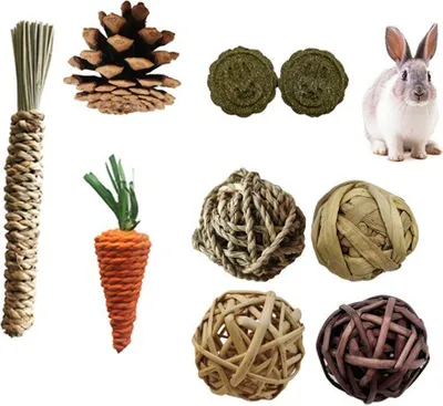 Obrázek produktu pro 9PCS hlodavců žvýkací hračky Set, Bunny Treats a míč Timothy Hay Stick Toy pro králíka králík morče činčila křeček