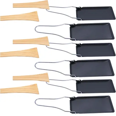 Produktbild von Praktisches 6er-Set Grillpfännchen für Raclette & BBQ, mit klappbarem Griff & Holzspatel, antihaftbeschichtet – ideal für gemütliche Abende