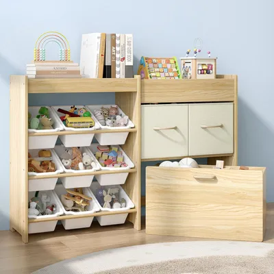 Spielzeug-Organizer aus Kiefernholz, 9 Boxen, 2 Schubladen, Kiste, Oberregal