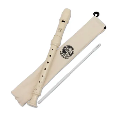 A recorder, its case, and a cleaning rod are laid out on a white background.