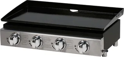 A flat-top griddle with four burners is shown from a slightly elevated front-side angle against a white background.
