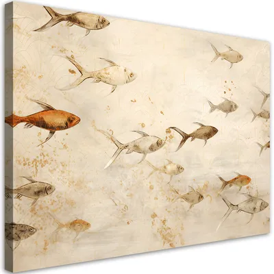 Image de Toile poissons sur fond beige 90x60 Feeby Beige image pour le mur prête à accrocher