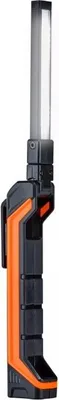 A side view of a black and orange work light on a white background.