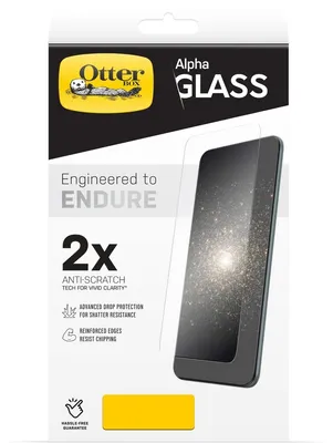 The image shows the packaging of an Otterbox Alpha Glass screen protector for an iPhone 12 / 12 Pro.