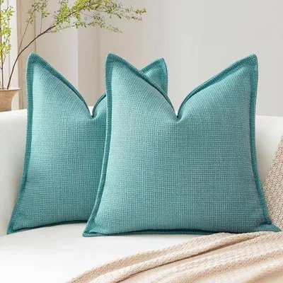 Zdjęcie produktu dla Zestaw 2 poszewek na poduszki Unyqoos®, 50 x 50 cm, wygląd lnu (poliester), turkusowy, z ukrytym zamkiem błyskawicym – dekoracyjne poduszki do sofy, łóżka i tarasu