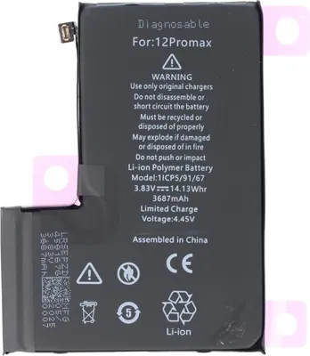 Produktbild von Akku für Apple iPhone 12 Pro Max, diagnostizierbar, Li-Polymer, 3,83V, 3687mAh ersetzt A2466