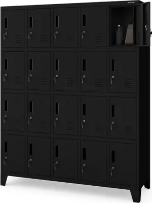 A black metal locker unit with multiple doors.