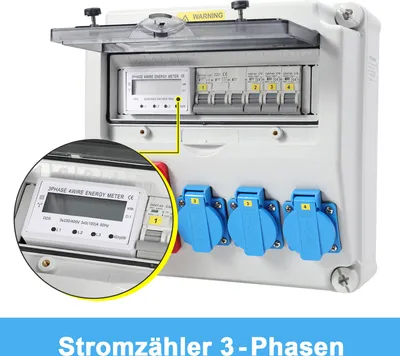 Obrázek produktu pro Clanmacy rozdělovač napájení na staveništi Nástěnný rozdělovač napájení zásuvka CEE 1X32A 3x230V s 3-fázovým elektroměrem a MCB Schuko