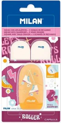 Imagen del producto de Paquete de gomas de borrar de Milán, con afilador, rodillo con cápsula + 2 gomas de borrar de repuesto. Transparente. Talla única