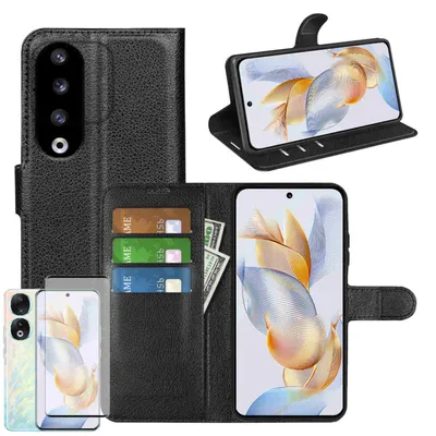 Image de Étui pour téléphone Honor 90 Pro 5G - Noir - Étui en simili cuir + verre de protection incurvé H9