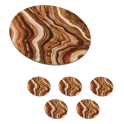 Obrázok produktu pre MuchoWow® Okrúhly sklenený podšálok, sada 6 ks Mramor - zlatý - hnedý 10x10x0.3cm Podložky pod poháre - podložky pod nápoje - ochrana stolovej dosky -