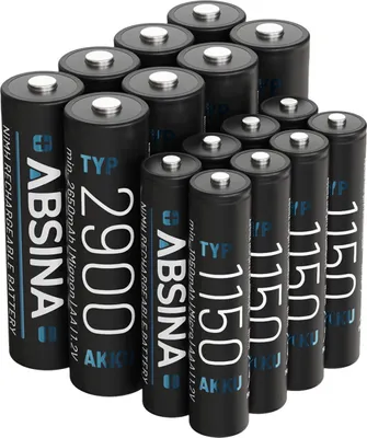 Produktbild von ABSINA 8x AA Mignon 2900 & 8x AAA Micro 1150 Akku - NiMH Wiederaufladbare Akkus mit 1,2V für Blitzgerät, Controller, Telefon