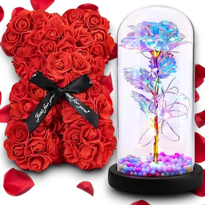 Obrázek produktu pro Valentýnská sada pro dámy 2 kusy - medvídek z růží, růžový medvídek + věčná růže ve skle s LED světlem + červené umělé okvětní lístky růží 100 kusů Valentýna