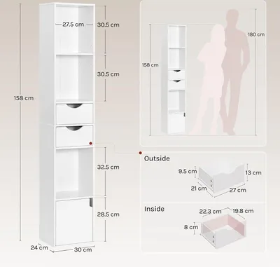Obrázok produktu pre Biela knižná skrinka s úložným priestorom – úzka polica s 3 otvorenými priehradkami, 2 zásuvkami a 1 dvierkami – 30x158x24 cm
