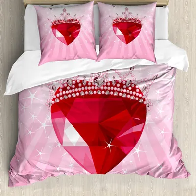 Obrázok produktu pre ABAKUHAUS Sada obliečok na posteľ Queen, vibrujúce červené srdce s princeznou v korune, kreslený štýl, romantický dizajn pre deti, 200 x 200 cm + 80 x 80 cm, ružovo-červená