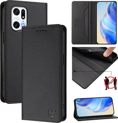Image de Etui en cuir pour Oppo Find X5 Pro, étui à rabat avec fentes pour cartes, portefeuille et support Noir