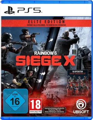 The image shows the front cover of a PlayStation 5 game case for 'Rainbow Six Siege X Elite Edition'. It features several characters in tactical gear, the game title prominently displayed, and various rating and edition labels.