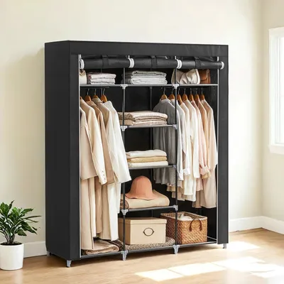 Immagine prodotto di Armadio pieghevole – armadio in tessuto – struttura in acciaio – nero – antipolvere – 150 x 175 x 45 cm