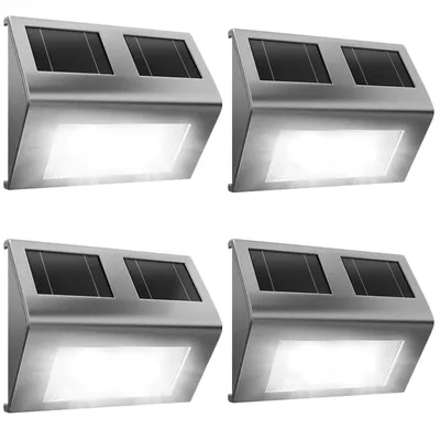 Obrázek produktu pro Solární lampy DEUBA® pro venkovní použití, sada 4 ks, zahradní LED lampy z nerezové oceli, IP65, odolné proti povětrnostním vlivům, solární nástěnné svítidlo, zahradní osvětlení, venkovní svítidlo, solární lampa, nástěnné svítidlo