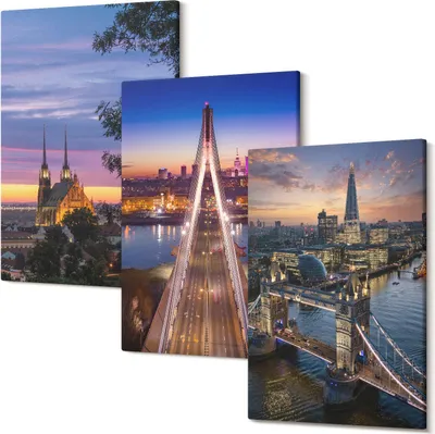Produktbild von Leinwandbilder – Wandbilder – Leinwandbild – Canvas Bild – Polycanvas – Kunstdruck –  – Modern – Aufhängefertig – Mehrteilig – 3-Teilig – 40x60 Cm Pro Bild - Stadtansichten mit Brücken und Sonnenuntergängen