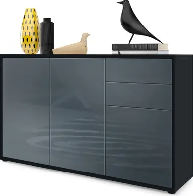 Produktbild von Vladon Sideboard Ben V3, Kommode mit 3 Türen und 2 Schubladen, Schwarz matt/Grau Hochglanz (117 x 74 x 36 cm)
