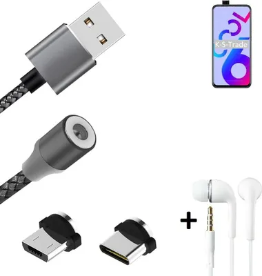 Produktbild von K-S-Trade® Hochwertiges Magnet-Lade-kabel Sync-Kabel Daten-Kabel + Kopfhörer kompatibel mit Coolpad Cool 6 mit USB-Typ-C-Anschluss und